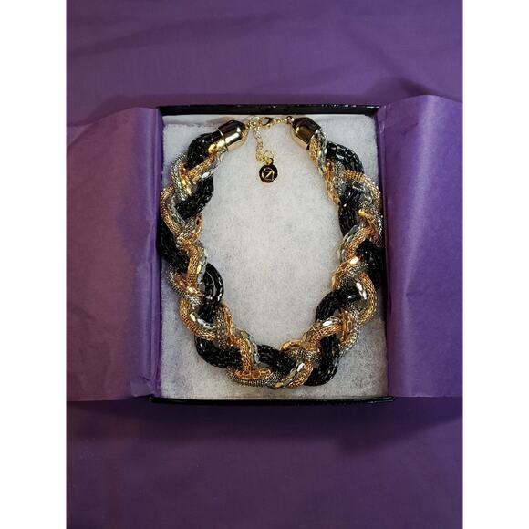 Chunky Thick Mixed Metals Woven Braided Chain Necklace Black Silver Gold Tone - Picture 1 of 8